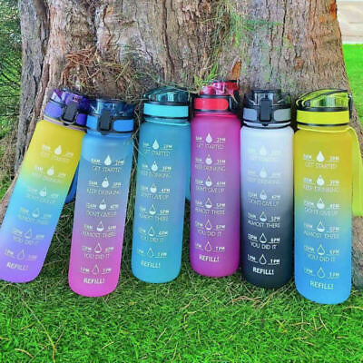 #ad 1L 32 Oz Motivational Sports Water Bottle Reusable amp; Bpa Free with Time Marker $6.91
