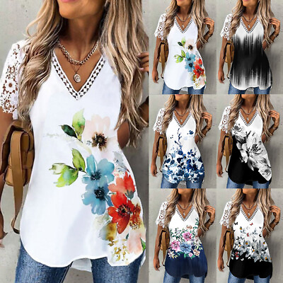 #ad Boho Women V Neck Printed T Shirt Ladies Summer Casual Loose Short Sleeve Blouse $14.59