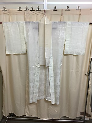 #ad Japanese Vintage Kimono silk White luster flower length 50.39 inch used $49.90