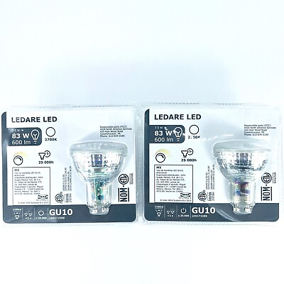 #ad Lot Of 2 Ikea LEDARE GU10 LED Bulb 83 W 600 Lumen 2700 K Dimmable 103.632.36 NIP $9.99