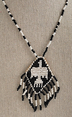 #ad Native American Seed Bead Eagle Pendant Necklace 26 in Black And White Endless $18.75