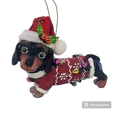 #ad Dachshund Doxie Dog quot;Decked Outquot; Ornament Santa Hat String Lights Sweater 3quot; $8.95