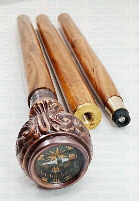#ad Antique Victorian Compass Top Knob Handle Wooden Walking Cane Gift For Men Women $48.59