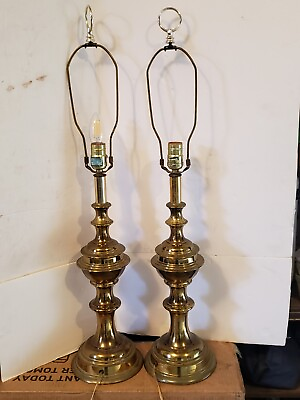 #ad Pair of vintage brass tone table lamps 21 inch tall Heavy $74.90