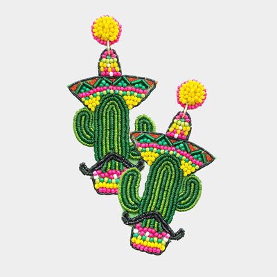 #ad NEW Cute Green Cactus w Mustache amp; Sombrero Hat Beaded Multi Color Earrings $16.95