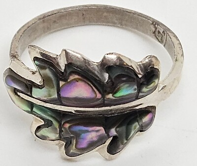 #ad Vintage Southwestern Inlaid MOP Hand Crafted Sterling Silver Ladies LEAF Ring $34.99