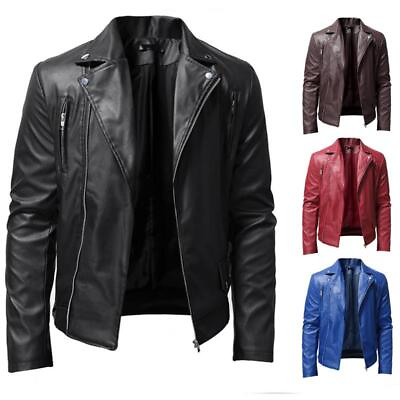 #ad Mens Slim Fit PU Leather Jacket Outwear Zipper Motorcycle Long sleeve Coat Bike $9.16
