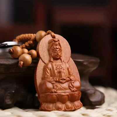 #ad 4quot; Handmade 3D Peach Wood Guanyin Keychain Silver Tone New Free Ship 9816 9817 $9.92