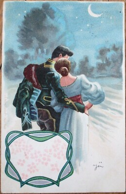 #ad Moon Stars and Couple 1903 Art Nouveau Postcard Color Litho Lovers at Night $9.99