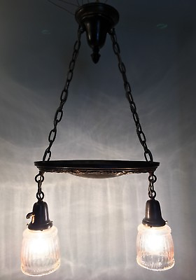 #ad 29” Long 14” Wide Brass Antique Light Fixture Newly Wired Antique Shades 19C $455.00