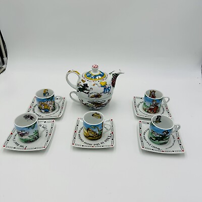 #ad Paul Cardew Porcelain Mad Hatter Alice In Wonderland Cups amp; Saucers Teapot Set $150.00