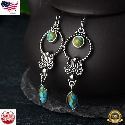 #ad Elegant Boho Drop Earrings Women 925 Silver Plated Blue Jewelry a pair Simulated $3.49