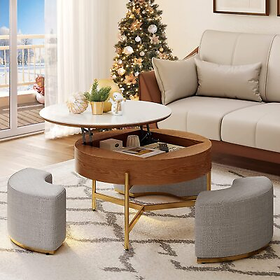 #ad Round Lift Top Coffee Table w Storage Hidden Compartment 3 Stools Living Room $383.99