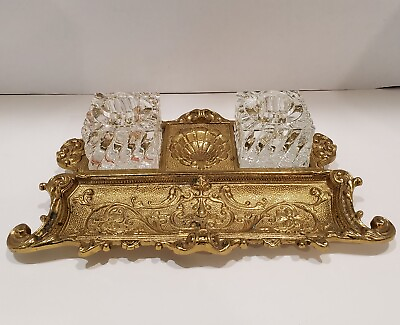#ad Brass Desk Set Virginia Metalcrafters Cut Glass Inkwells No Lids Art Nouveau VTG $99.95