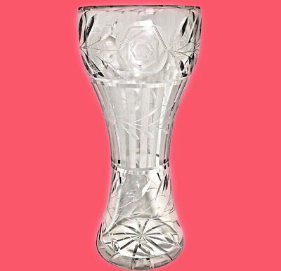 #ad Antique Crystal Corset Vase 12” Engraved Roses Daisies 5 Lbs Rare $41.95