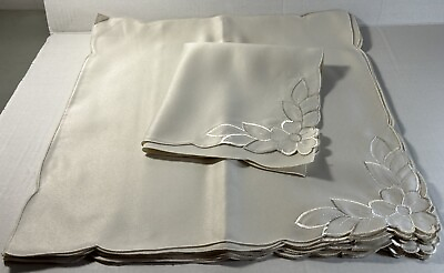 #ad 12 Vintage eggshell Linen Diner Napkins Embroidered 17quot;x17quot; scallop finish new $24.99
