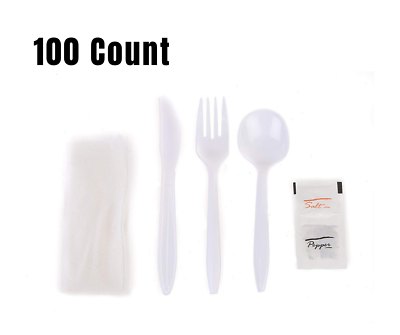 #ad 100 Pack Wrapped Cutlery Kit 6 in 1 Fork Spoon Knife Napkin Salt Pepper $18.95