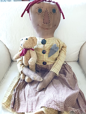 #ad Large Primitive Vtg Patty amp; Stacy Cloth Raggedy Ann holding Her Teddy Bear 33quot; $66.00