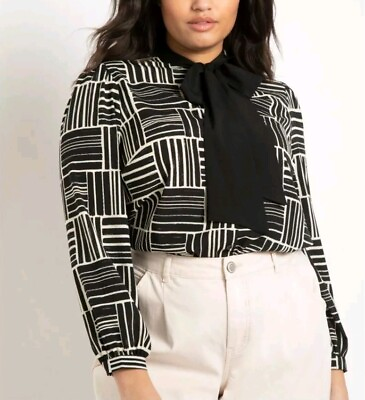#ad Eloquii Geometric Print Blouse Womens Plus Size 22 Black Cream Tie Bow Neck Top $18.88