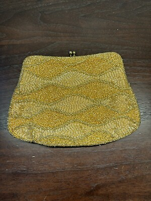 #ad Vintage Deco Gold Beaded Sequin Evening Bag Clutch Purse Kiss Lock Made In Korea $40.00