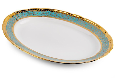 #ad Gold Turquoise Oval Plate Serving Plate Oval Czech Porcelain Platter 12.6quot;x8quot; $47.95
