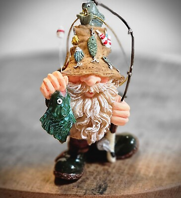 #ad Gnome Fisherman Figurine Ornament Quality Artist Resin 4quot; Hand Crafted Unique $8.50