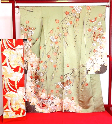 #ad Japanese Kimono quot;Furisodequot; quot;Fukuro obiquot; 2 piece set Butterfly Cherry blossoms $178.50