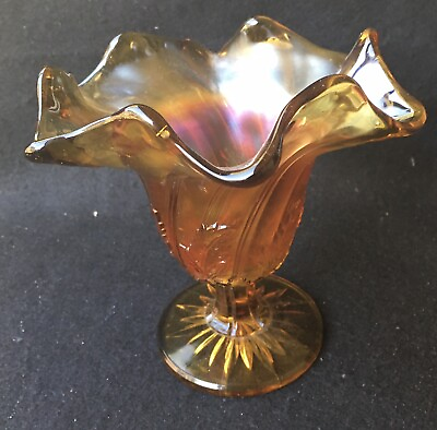 #ad WESTMORELAND CARNIVAL GLASS LEAF SWIRL ANTIQUE AMBER YELLOW IRIDESCENT COMPOTE $34.35