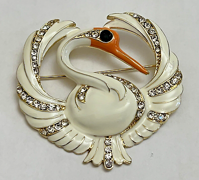 #ad Vintage Swan Goose Bird Crystal Clear Glass Rhinestone Brooch Pin White Enamel $11.49