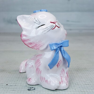#ad Vintage 3quot; Porcelain White Pink Kitty Cat Figurine w Blue Flowers amp; Bow Japan $39.99