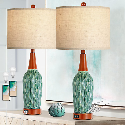 #ad Vintage Table Lamps for Bedrooms Set of 2 Retro Bedside Greenish and Wood $163.89