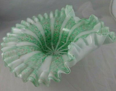 #ad Vintage 1950#x27;s Murano art glass decorative bowl Green swirl Copper Flakes $139.95