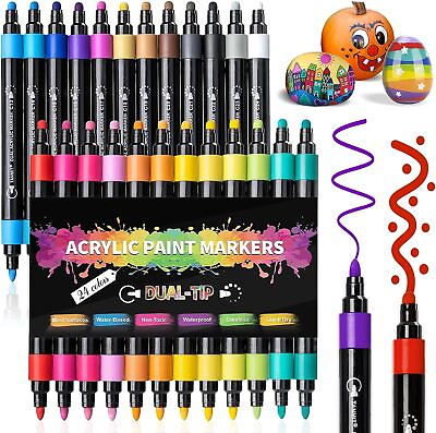 #ad 24 Colors Acrylic Paint Pens Markers Dual Tip for DIY Crafts Art Supplies Gift $11.39