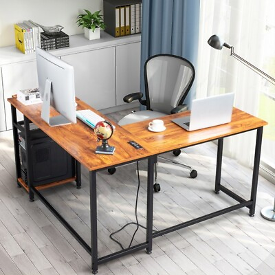 #ad L Shaped Desktop Computer Desk with Power Outlets amp; Shelf Tiger wood $133.65
