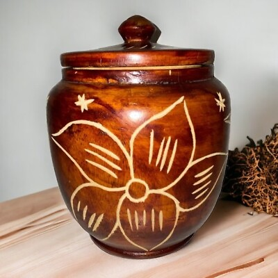 #ad Handcarved Wood Jar Canister Vintage Floral Lid Eclectic Rustic Decor Brown $22.98