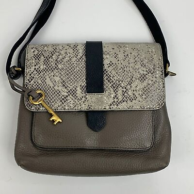 #ad Fossil Leather Crossbody Bag Gray Taupe Black Brass key charm Flap close $35.00