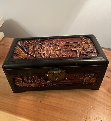 #ad Vintage Hand Carved Wooden Chinese Jewelry Box $45.00