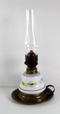 #ad Kerosene Finger OIl Lamp with Brass Saucer Porcelain Floral Font 1890s $124.99