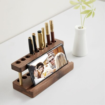 #ad Classic Black Walnut Wooden Pen Holder with Phone Stand Office Desk Organizer $22.00
