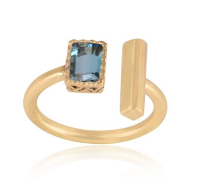 #ad Rectangle Adjustable Ring Gold Plated Gemstone Ring In London Blue Topaz Stone $22.99