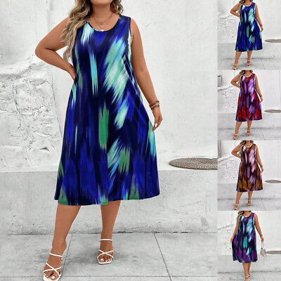#ad Plus Size Womens Tie Dye Tank Dress Ladies Round Neck Casual Sleeveless Sundress $24.59