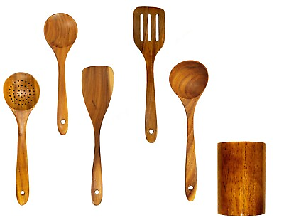 #ad 6 PC Teak Wood Wooden Spoons for Cooking Tools Kitchen Utensils Spatula Set $19.99