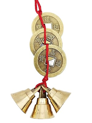 #ad Fengshui Vastu Lucky Brass Hanging 3 Bell Three Chinese Coins Main Entrance Door $17.50