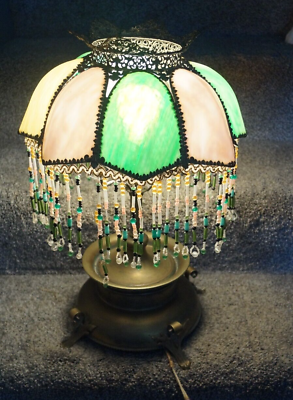 #ad Antique C 1910 Art Nouveau Slag Glass Lamp Arts amp; Crafts RARE COLORS READ $450.00