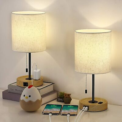 #ad Set of 2 Wooden Table Lamps with Dual USB Port amp; Outlet Bedroom Nightstand Lamps $38.99