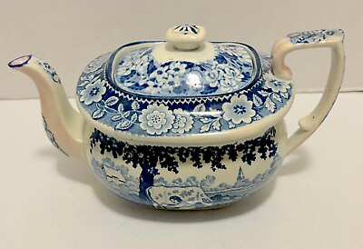 #ad Antique Blue White Transferware Tea Pot Milk Maid Staffordshire $115.00