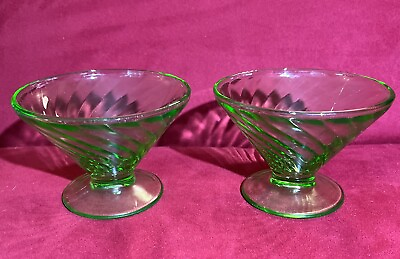 #ad 2 Vintage Federal Diana Swirl Green Vaseline Glass Sherbet Dessert Cups Glow $22.99