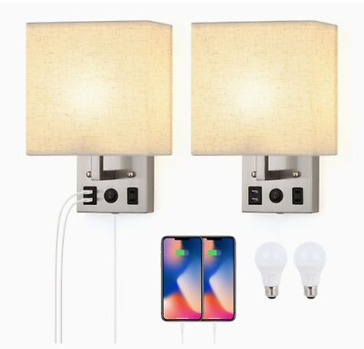 #ad Set of 2 Bedside Wall Lamp Plug in Hard Wire Sconces w Bulbs 2 USB AC Outlet $37.99