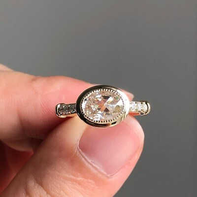 #ad 9x7mm Oval Rose Cut Moissanite Bezel Set Engagement Ring 14K Yellow Gold Plated $138.81