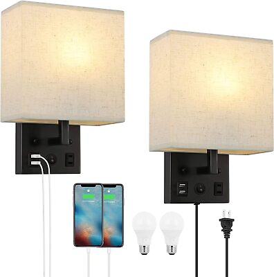 #ad 2pack Wall Lamp Plug in Wall Light Sconce Fabric Linen Shade Bedroom Living Room $32.99